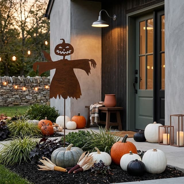 erstelle einen Hintergrund für den Gartenstecker, Halloween Stimmung, trotzdem stilvoll und modern und trotzdem ländlichen Charme, Gartenstecker neben Hauseingang