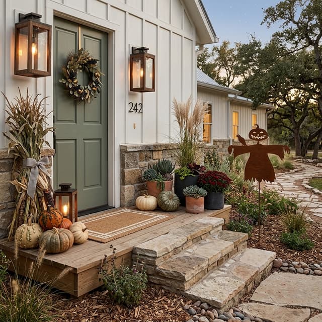 erstelle einen Hintergrund für den Gartenstecker, Halloween Stimmung, trotzdem stilvoll und modern und trotzdem ländlichen Charme, Gartenstecker neben Hauseingang, im Stil von Joanna Gaines