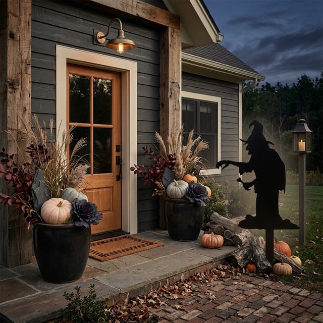 erstelle einen Hintergrund für den Gartenstecker, gruselige Halloween Stimmung, trotzdem stilvoll und modern und trotzdem ländlichen Charme, Gartenstecker neben Hauseingang, im Stil von Joanna Gaines