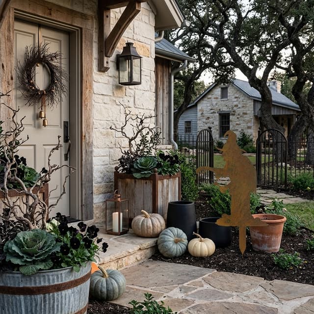 erstelle einen Hintergrund für den Gartenstecker, gruselige Halloween Stimmung, trotzdem stilvoll und modern und trotzdem ländlichen Charme, Gartenstecker neben Hauseingang, im Stil von Joanna Gaines, verkleinere die Hexe
