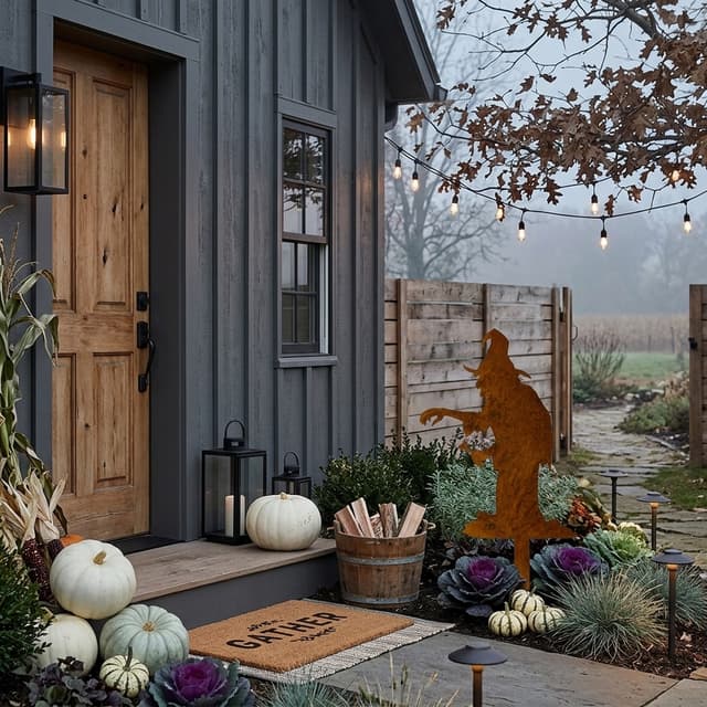 erstelle einen Hintergrund für den Gartenstecker, gruselige Halloween Stimmung, trotzdem stilvoll und modern und trotzdem ländlichen Charme, Gartenstecker neben Hauseingang, im Stil von Joanna Gaines, verkleinere die Hexe, sie ist maximal 60 cm hoch
