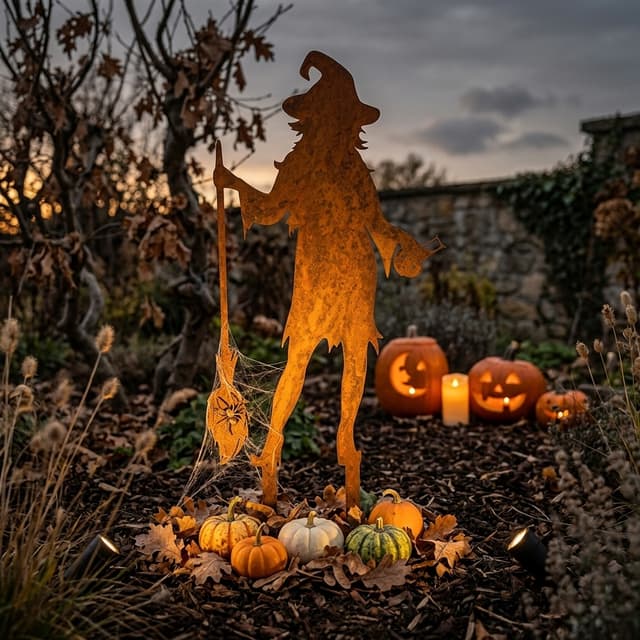 erstelle mir einen Hintergrund für den Gartenstecker im Referenzbild, das Bild soll für einen Post unserer Marke Metallschönheiten eingesetzt werden können, Halloween Stimmung