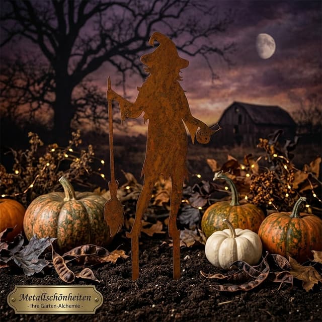 erstelle mir einen Hintergrund für den Gartenstecker im Referenzbild, das Bild soll für einen Post unserer Marke Metallschönheiten eingesetzt werden können, Halloween Stimmung