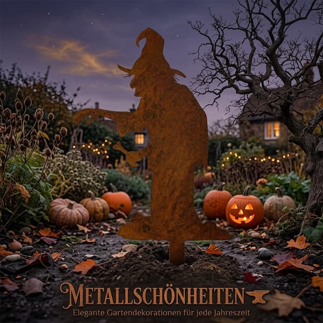 erstelle mir einen Hintergrund für den Gartenstecker im Referenzbild, das Bild soll für einen Post unserer Marke Metallschönheiten eingesetzt werden können, Halloween Stimmung