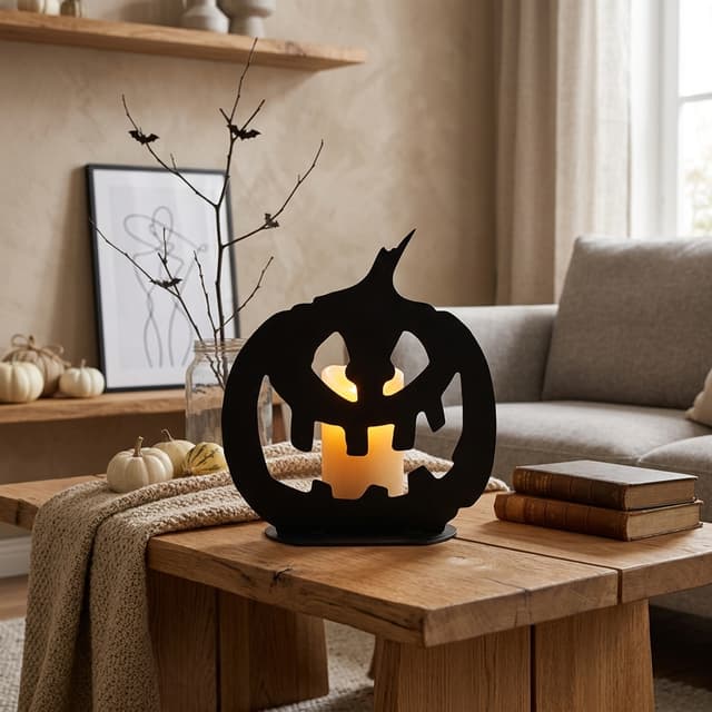 Erstelle einen Hintergrund für den Kürbiskopf aus dem Referenzbild, schönes Ambiente, evtl. auf dem Couchtisch, skandinavischer Einrichtungsstil, Kürbiskopf mit einer Kerze hinterleuchtet, herbstliche Stimmung, wie im Referenzbild 2