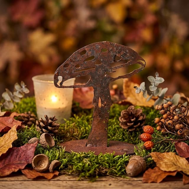 Erstelle einen neuen Hintergrund für den Pilz, floristisch herbstlich gestaltet, mit Moos usw. kleines Windlicht, stimmungsvoll aber nicht überladen