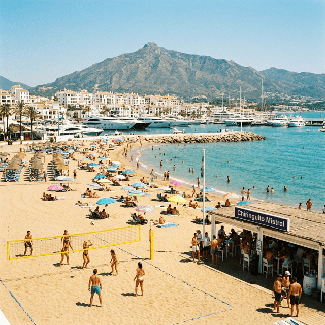 photo d'une jolie plage sympa et animée à Puerto bonus à côté de Marbella. Plein soleil.