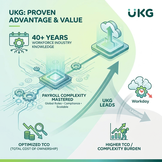 I work for UKG and am presenting on best practices to compete against Workday. I need a visual (not cartoon) that shows our 40 years of Workforce Industry knowledge, our ability to handle complexity in Payroll and our TCO. Have Workday losing . Make the color theme light green or white background (UKG Logo Theme). Put the UKG Logo on the slide too