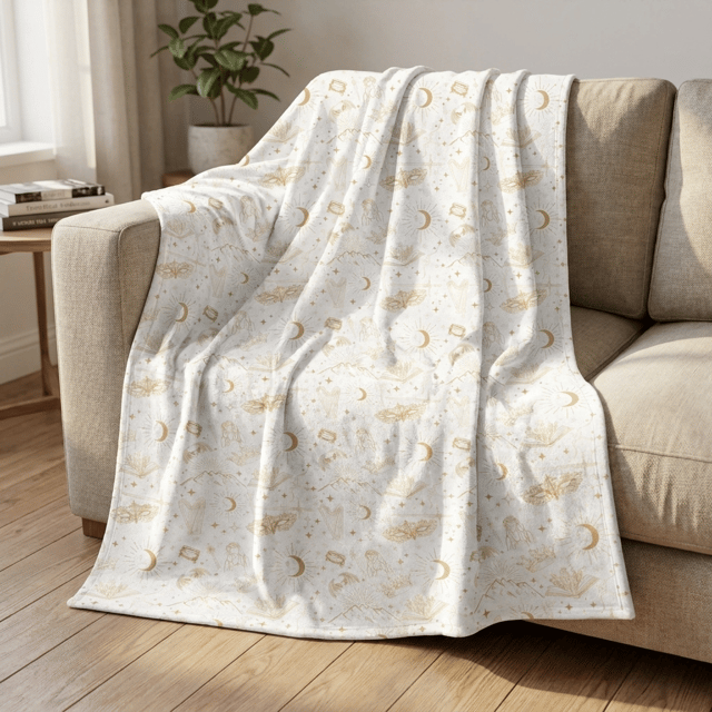 Create a photorealistic product photograph of the exact blanket shown in the reference image.
The blanket must retain its original design, including every colour, shape, line, pattern element and proportion.
Do not reinterpret, redraw, simplify or modify the printed design.
Present the blanket naturally draped over a beautiful neutral linen sofa in a warm, softly lit living room.
The blanket should have realistic fabric texture, soft folds and natural shadows.
The original printed pattern must remain visually identical to the reference image.