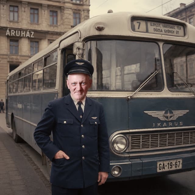 the man's face should not change. The bus driver should stand next to an old Hungarian Ikarus bus, in a 60s driver's uniform. 60s feeling, environment, buildings