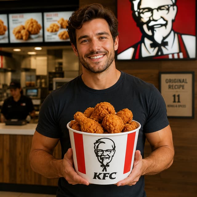 A man holding a bucket of ckicken