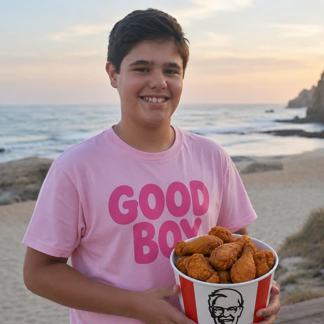 This man, holding a bucket of ckicken, with a pink shirt that says "GOOD BOY"