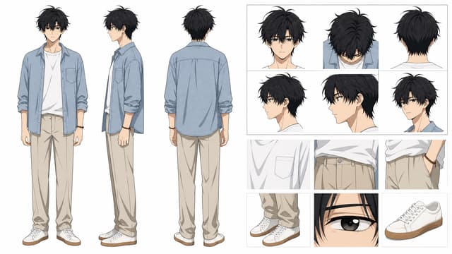 A high-precision, clean and minimal character design sheet / turnaround reference board in refined 2D anime production style, cel-shaded with two to three layers of flat shadows, delicate clean line art with dark brown-black fine outlines, line thickness stable and consistent. Pure white background, styled like a professional animation character model sheet for a modern romance slice-of-life series, with clear layout and unified neutral lighting.
The left side occupies the main area, showing full-body three-view of a single male character:
1. Front view, standing straight with arms naturally down
2. Left side view, standing straight with arms naturally down
3. Back view, standing straight with arms naturally down
All three views feature the same young man, around 20 years old. Tall and lean, slightly broad shoulders, slender oval face with a defined jawline and a slightly pointed chin, warm fair skin. Hair: fluffy messy black medium-short hair, naturally sticking up at the crown, long choppy fringe falling down to the eyebrows, partially covering the forehead and one eye, side strands framing the cheeks. Eyes: deep grey-black narrow almond-shaped eyes with clear upper eyelid lines, slightly drooping outer corners, thin straight eyebrows, straight nose bridge, thin lips. Expression: calm, lazy, slightly cool and reserved, with a natural restrained look.
Outfit (sunny and casual, replaced from school uniform): a loose white cotton crewneck T-shirt with a small minimal pocket, layered with an unbuttoned light blue denim shirt (washed effect, rolled-up sleeves), paired with light khaki relaxed-fit straight trousers with a single front pleat, and clean white canvas sneakers with gum soles. Accessories: a thin silver bead chain necklace tucked under the T-shirt collar, and a simple tan leather cord bracelet on the left wrist. Clothing fits naturally with gentle folds, neat but with a relaxed, effortless vibe.
The right side is divided into two sections:
Upper right section: neatly arranged grid of six head shots showing the same character from different angles:
1. Front face portrait
2. Top-down view (looking down at the top of the head, showing hair swirl and natural lift)
3. Back of the head / rear view (showing hair flow and nape hairline)
4. Left profile (side silhouette)
5. Close-up side profile (face in strict profile)
6. Three-quarter face view (3/4 profile)
All heads must have identical delicate facial features, same grey-black almond eyes, and the same fluffy black hair with clear hair strands, parting, and layered spiky tips.
Lower right section: neatly arranged grid of six close-up detail shots:
1. Close-up of the white T-shirt fabric texture and pocket fold (cel-shaded flat shading)
2. Close-up of the lower front torso showing the khaki trouser waistband and fly detail
3. Close-up of the hip area showing the relaxed drape and side seam of the trousers
4. Close-up of the knee and ankle area showing trouser creases and sneaker upper
5. Close-up of the eye and eyebrow (grey-black iris with sharp highlights, fine lashes)
6. Standalone full shot of the white canvas sneaker (single shoe, showing gum sole, laces, and side stitching)
All detail shots must match the main character's outfit and appearance exactly, with clean anime cel-shading, sharp flat shadows (two to three layers), and no realistic textures. The overall style is refined 2D animation character sheet, minimal, professional, unified, clean. Ample white space, landscape orientation (16:9 aspect ratio), full character visible, no cropping, no extra props, no text labels, no logos, no watermarks, no UI elements, no social media overlays. High-resolution anime render, sharp clean lines, subtle cool-warm lighting balance, low noise, cinematic animation quality.
--ar 16:9