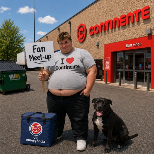 Now my shirt says " I ❤️ Continente", i have a black dog with white chest sitting down next to me (in my left) and i have a blue bag that. says " Burger King de emergência" in my right. The scenario is simillar to image 3, except insted of target i need to be visible the shop is called "Continente"