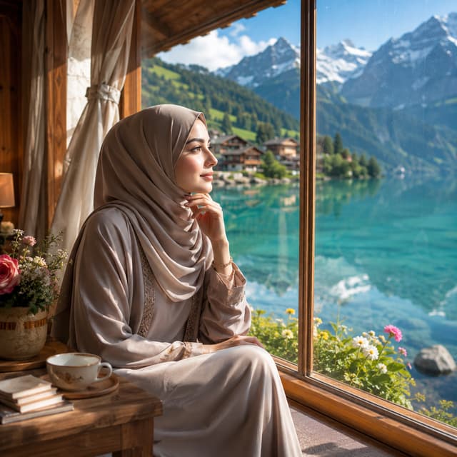 A stunningly beautiful 25-year-old Muslim woman with soft, elegant facial features, wearing a long flowing beige hijab and a modest luxury dress in neutral colors, sitting gracefully beside a large wooden-framed window inside a cozy lakeside cabin in Switzerland. She is peacefully gazing out the window with a gentle smile, creating a calm, reflective, and serene atmosphere.

Outside the window is an incredibly beautiful crystal-clear turquoise Swiss lake surrounded by lush green meadows, colorful wildflowers, charming wooden chalets, and majestic snow-capped Swiss Alps rising in the distance. The mountains are perfectly reflected on the calm surface of the lake. The scenery feels peaceful, luxurious, and breathtaking.

Warm natural morning sunlight streams softly through the large window, illuminating her face with realistic golden hour lighting. Soft shadows, volumetric light rays, subtle reflections on the glass, realistic skin texture, detailed fabric folds, and lifelike eyes create an intimate and cinematic mood.

The cabin interior features elegant Scandinavian wooden architecture, minimalist décor, fresh flowers on a small wooden table, a cup of hot tea, books, linen curtains gently moving with the breeze, and a cozy atmosphere.

Composition: side profile, eye-level camera angle, medium shot, rule of thirds, shallow depth of field, background beautifully blurred while maintaining mountain detail.

Mood: peaceful, elegant, feminine, inspiring, luxurious, calm, spiritual, dreamy.

Photography style: National Geographic quality, luxury travel magazine cover, ultra-realistic photography, HDR, 8K resolution, masterpiece, award-winning photography, DSLR, Canon EOS R5, RF 85mm f/1.2 lens, f/1.8, ISO 100, ultra-sharp focus, realistic colors, high dynamic range, natural skin tones, hyper detailed, photorealistic, cinematic composition.ultra photorealistic, impossible to distinguish from a real photograph, natural skin pores, realistic facial proportions, authentic fabric texture, cinematic natural lighting, editorial fashion photography, Vogue travel editorial, Swiss luxury lifestyle, breathtaking alpine scenery, highest level of realism