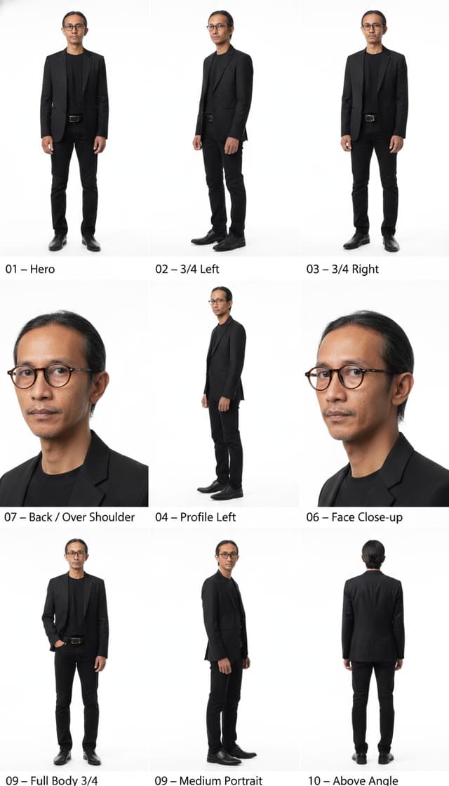 Ultra realistic. Seorang pria lokal asli Indonesia, usia 50 tahun, kulit sawo matang, menggunakan kaca mata klasik, rambut gaya side part. Badan kurus proporsional, dengan terlihat kumis tipis di wajahnya. Model menggunakan outfit jas hitam, celana jeans hitam, dan sepatu resmi, buat model tersebut standar photo profesional dengan background putih. Model melihat ke depan ke arah kamera. High detail resolution. Natural skin pores. Rasio 9:16
Create a new character sheet based on that description. It should be in grid and high key studio 4k quality
01 — Hero (whole body to toe visible from front)
02 — 3/4 left
03 — 3/4 right
04 — Profile left
05 — Profile right
06 — Face close-up
07 — Back / over shoulder
08 — Medium portrait
09 — Full body 3/4
10 — Above angle