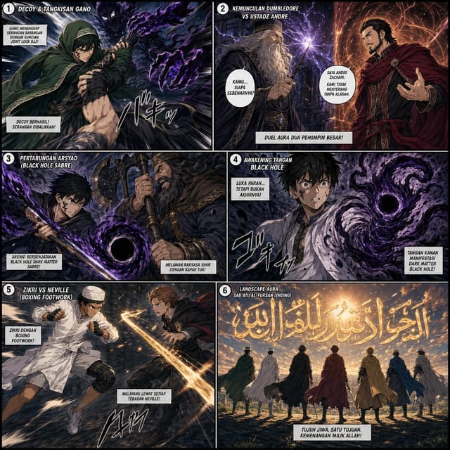 Oalaaah, paham! Maksud kamu, naskah ini mau digambar/dibuat menjadi **gambar komik visual langsung** (lembaran halaman komik dengan panel, karakter, dan balon teks), bukan cuma teks skrip naskah biasa ya!

Tapi nih, sebagai AI berbasis teks, aku memang nggak bisa bikin atau meng-generate file gambar komik secara langsung.

Tapi tenang! Kamu bisa banget bikin komik visualnya pakai bantuan **AI Image Generator** (seperti *Midjourney, DALL-E, Bing Image Creator, Stable Diffusion, atau Canva AI*).

Biar kamu gampang langsung buat gambarnya, ini aku bikinkan **Prompt Bahasa Inggris (Instruksi Gambar)** untuk setiap panelnya. Kamu tinggal *copy-paste* prompt ini ke AI Image Generator pilihanmu untuk menghasilkan lembaran komiknya!

---

### 🎨 Prompts untuk AI Image Generator (Comic Style)

#### **Gaya Visual Utama (Paste di awal prompt):**

> `Manga comic page layout, dramatic anime style, high contrast, action panel, detailed background, cinematic lighting --ar 2:3`

---

#### **PANEL 1: Decoy & Tangkisan Gano**

> **Prompt:** `An anime scene where a ninja-like fighter in a green Islamic cloak named Gano uses a joint-lock grappling move (BJJ) to catch an ambushing magical shadow attack in mid-air. Shockwave effects, dynamic action angle, dramatic lighting, manga style.`

#### **PANEL 2: Kemunculan Dumbledore vs Ustadz Andre**

> **Prompt:** `A tense standoff between two powerful leaders in an anime manga panel. On the left, an old wizard with a long beard holding a magic wand. On the right, a charismatic leader named Andre Zackani wearing a dark red Islamic cloak looking calm and fearless. Intense aura clashing in the background, cinematic.`

#### **PANEL 3: Pertarungan Arsyad (Black Hole Sabre)**

> **Prompt:** `An anime warrior named Arsyad with a black mark on his cheek, holding a glowing black hole dark matter sword. He is clashing against a giant wizard wielding a magical axe. Dark gravitational aura swirling around them, epic manga panel, action shot.`

#### **PANEL 4: Awakening Tangan Black Hole**

> **Prompt:** `Manga panel, awakening moment. A young anime hero's severed right arm regenerates into a swirling black hole dark matter tentacle weapon. Dark aura exploding around him, intense expression, epic action anime shot.`

#### **PANEL 5: Zikri vs Neville (Boxing Footwork)**

> **Prompt:** `An epic anime fight sequence. A skilled fighter named Zikri wearing a white Islamic tunic and knee brace using fast boxing footwork to effortlessly dodge a golden magic sword slash from a young wizard. Afterimage motion blur, dynamic angle, manga style.`

#### **PANEL 6: Landscape Aura Sab'atu Al-Fursan (Ending)**

> **Prompt:** `A legendary wide-angle anime manga spread. Seven Islamic warrior heroes standing side-by-side on a hill at sunrise, wearing flowing cloaks. Massive golden spiritual aura and glowing Arabic calligraphy floating in the sky behind them. Epic, majestic, cinematic finale.`

---

💡 **Tips Tambahan:**

1. Kamu bisa pakai **Bing Image Creator** (gratis) atau **Midjourney** buat *generate* fotonya satu per satu.
2. Setelah gambarnya jadi, masukkan gambar-gambar tersebut ke aplikasi **Canva** atau **Comic Life**.
3. Tambahkan balon kata (*speech bubb