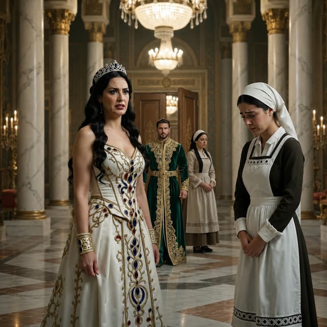 Replace the maid standing near Prince Issam in the background of the first reference image with the exact maid shown in the second reference image. 
Keep everything else from the first reference image identical: the Queen in the foreground, Safia crying on the right, Prince Issam entering through the door, the palace background, lighting, and composition. 
Ensure the maid near Prince Issam precisely matches the second reference image in face, height, beige headscarf, brown dress, and cream apron with black straps. Photorealistic 8k style. Size 9:16.