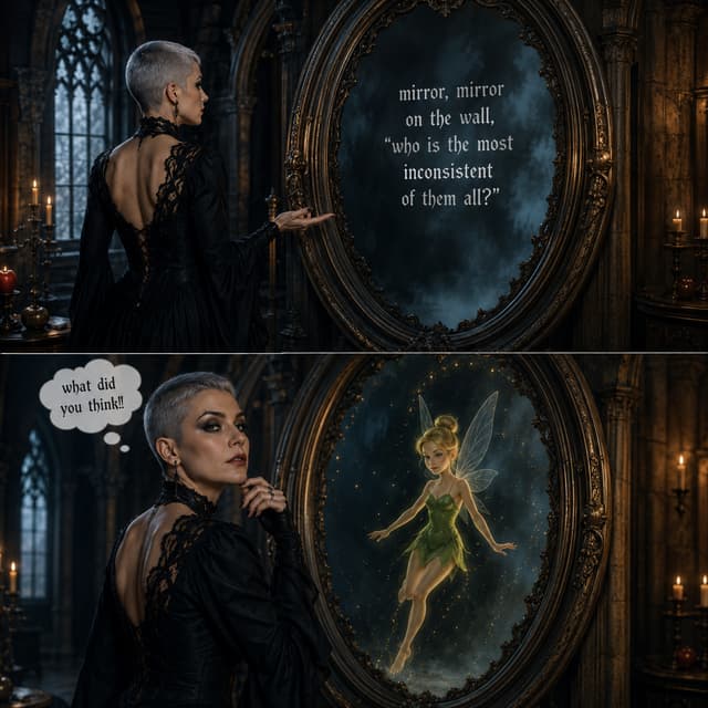 It creates a double image, on one side there is a room and a mirror as large as the one the witch in Snow White and there is a woman in a gothic dress with shaved and gray hair in front of the mirror who asks: mirror, mirror on the wall, "who is the most inconsistent of them all?" In the second image there is still the large mirror and the woman in the gothic dress, but in the mirror you see a fairy similar to Tinker Bell and the woman in the gothic dress who looks towards the viewer with a bored look and thinks: what did you think!!