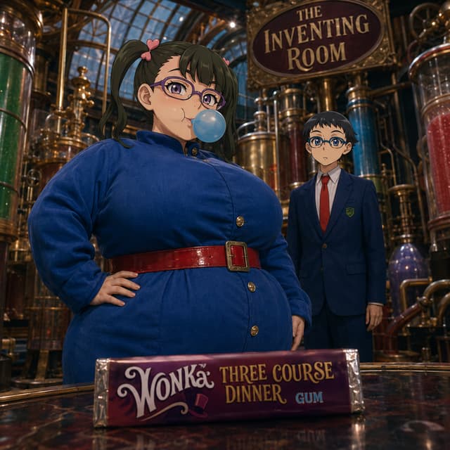 Can you make Nikuko from Please tell me Galko-Chan as Violet Beauregarde (2005) from Charlie and the Chocolate factory (2005)  with her boyfriend Otao in the Wonka chocolate factory setting from Charlie and the Chocolate factory (2005) no people no oompa loompas tour at the The Inventiing room chewing a three course dinner gum