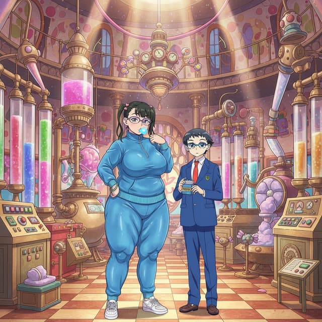 Can you make Nikuko from Please tell me Galko-Chan as Violet Beauregarde (2005) from Charlie and the Chocolate factory (2005)  with her boyfriend Otao in the Wonka chocolate factory setting from Charlie and the Chocolate factory (2005) no people no oompa loompas tour at the The Inventiing room chewing a three course dinner gum