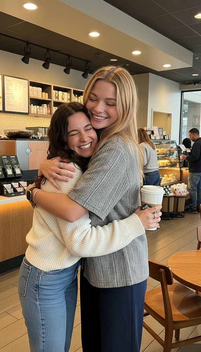 make her in star bucks with a coffee and another girl both a smiling with there eyes clothes while hugging