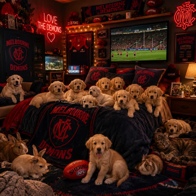 I want my dream room with lots of puppies and animals and afl stuff Melbourne demons