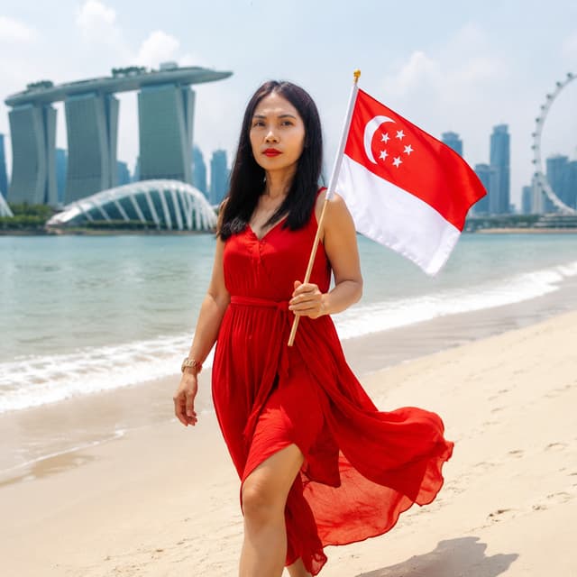 let her wear red dress carrying Singapore flag walking on beach