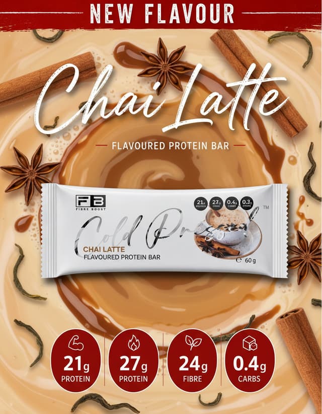 Create a infographic similar to the choc chilli image. Keep the new flavour banner at the top ion the circles use these words. in circle 1 21g protein in circle 2 27g fibre in circle 3 0/4g carbs, in circle 4 0.2 g sugar. Use the image of the bar provided and keep it exactly the same as it is, use the flavour chai latter for background theme
