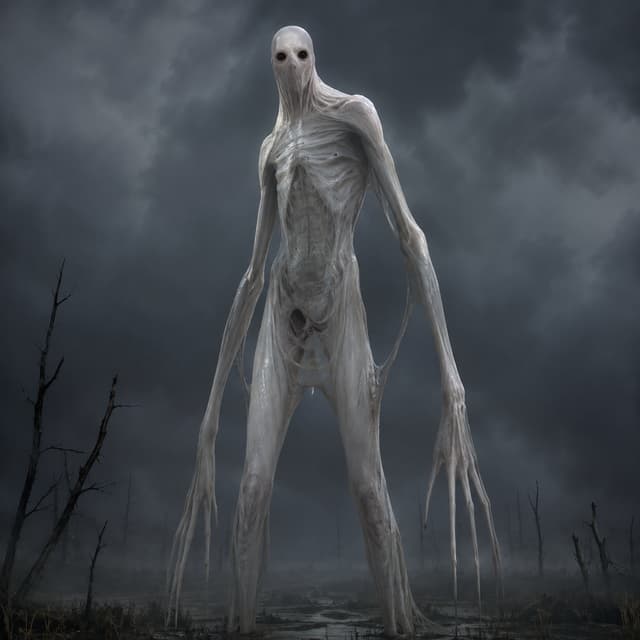 make me a image of a tall withe monster with black eyes make it look skin like the skin is stretched over it