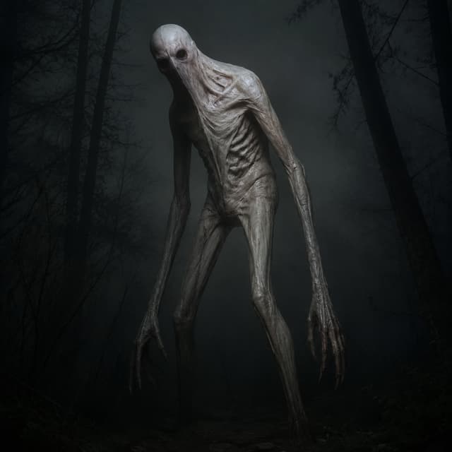 make me a image of a tall withe monster with black eyes make it look skin like the skin is stretched over it like the rake