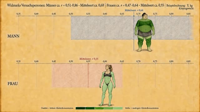 Verwende das vorhandene Bild unverändert als Vorlage. Verändere keine Personen, Körperformen, Proportionen, Positionen, Skalen, Zahlen, Linien, Texte, Schriftarten, Hintergrundfarben oder sonstigen grafischen Elemente.

Ändere ausschließlich die bisher blau dargestellten Körperflächen der beiden Personen in eine grüne Alkohol-Verteilungsskala.

Die Grünfärbung soll exakt der bereits unten im Bild vorhandenen Legende folgen:

Dunkelgrün = höhere Alkoholkonzentration
Hellgrün = niedrigere Alkoholkonzentration

Beim Mann soll der grün dargestellte Verteilungsanteil deutlich dunkler erscheinen.

Bei der Frau soll der grün dargestellte Verteilungsanteil deutlich heller erscheinen.

Verwende ausschließlich Grünabstufungen, die optisch zur bereits vorhandenen fünfstufigen Grünskala am unteren Bildrand passen.

Die vorhandenen schwarzen/grauen Kleidungsstücke bleiben unverändert. Nur die bisher blau markierten sichtbaren Körperflächen werden farblich ersetzt.

Keine neuen Texte, Pfeile, Symbole, Formeln, Zahlen oder Beschriftungen hinzufügen.

Das Ergebnis soll wie eine zweite Version exakt derselben wissenschaftlichen Illustration aussehen, bei der ausschließlich die blaue Körpermarkierung durch die Grünskala für die unterschiedliche Alkoholkonzentration ersetzt wurde.