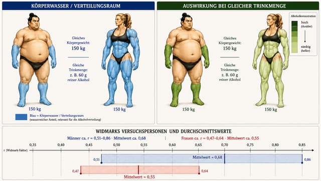 Bearbeite diese vorhandene Infografik. Erstelle keine neue Gestaltung und verändere nicht den grundsätzlichen Aufbau.

Das Ziel ist ein sehr einfacher visueller Vergleich zwischen Körperwasser/Verteilungsraum links und der daraus dargestellten Alkoholkonzentration rechts.

OBERER LINKER BEREICH:

Beide Personen wiegen exakt 150 kg. Der Mann hat einen sehr hohen Körperfettanteil, die Frau ist eine extrem muskulöse Bodybuilderin.

Stelle beim Mann den wasserreichen Körperanteil deutlich geringer dar. Der große Bauch und andere deutlich fettreiche Bereiche dürfen NICHT blau eingefärbt werden. Sie sollen hautfarben bleiben. Blau soll nur schematisch die wasserreicheren bzw. für das Gedankenmodell relevanten Verteilungsbereiche kennzeichnen.

Bei der sehr muskulösen Frau soll ein deutlich größerer Anteil des Körpers blau dargestellt werden. Ihre ausgeprägte Muskulatur soll dadurch als größerer wasserreicher Anteil erkennbar sein.

Wichtig: Die Darstellung soll nicht suggerieren, dass Körperwasser nur in den blau gefärbten Körperteilen vorkommt. Es handelt sich um eine vereinfachte Visualisierung des unterschiedlichen wasserreichen Anteils bzw. Verteilungsraums.

OBERER RECHTER BEREICH:

Verwende exakt dieselben beiden Personen, exakt dieselbe Körperform, Pose, Größe und Position wie links.

Die rechts grün dargestellten Bereiche müssen räumlich exakt den links blau dargestellten Bereichen entsprechen. Keine zusätzlichen Körperbereiche grün einfärben.

Insbesondere darf beim Mann der große fettreiche Bauch nicht plötzlich vollständig grün werden, wenn dieser Bereich links nicht blau dargestellt ist.

Ersetze lediglich die blaue Darstellung von links durch eine Grünabstufung:

dunkleres Grün = höhere Alkoholkonzentration
helleres Grün = niedrigere Alkoholkonzentration

Bei identischem Körpergewicht und identischer Alkoholmenge soll der Mann mit dem kleineren dargestellten Verteilungsraum dunkler grün erscheinen und die sehr muskulöse Frau mit dem größeren dargestellten Verteilungsraum heller grün.

Die vorhandene kleine Grün-Legende oben rechts beibehalten.

UNTEN:

Keine Personen oder Körperabbildungen in die Widmark-Skala einfügen.

Die Skala sauber und übersichtlich darstellen:

Männer: r = 0,51–0,86; Mittelwert ca. 0,68
Frauen: r = 0,47–0,64; Mittelwert ca. 0,55

Die Markierung 0,68 muss exakt bei r = 0,68 liegen.
Die Markierung 0,55 muss exakt bei r = 0,55 liegen.

Die Bereiche und Mittelwerte nicht verschieben oder vertauschen.

WICHTIG:

Keine zusätzlichen Erklärkästen, Pfeile, Formeln oder neuen Aussagen hinzufügen. Keine neuen Zahlen erfinden. Die Darstellung soll innerhalb weniger Sekunden verständlich sein.

Der zentrale visuelle Zusammenhang soll sein:

gleiches Körpergewicht + gleiche Alkoholmenge → unterschiedliche Körperzusammensetzung → unterschiedlicher Verteilungsraum → unterschiedliche Alkoholkonzentration.

Das Design soll ruhig, wissenschaftlich und sehr übersichtlich bleiben.