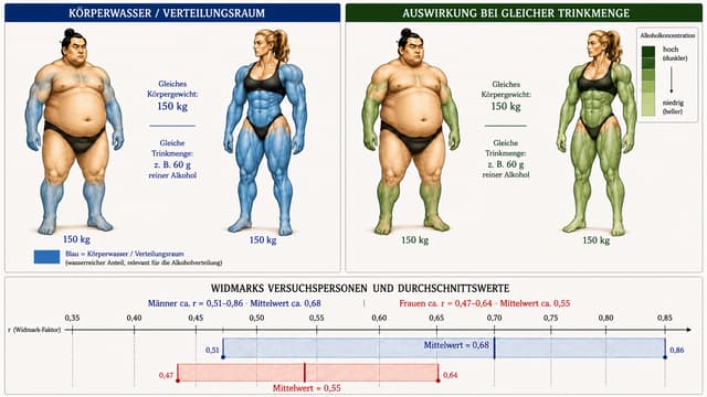 Bearbeite ausschließlich die farbliche Darstellung der Körperwasser-/Verteilungsanteile der beiden Personen im oberen linken Bild sowie die entsprechenden grünen Flächen derselben Personen im oberen rechten Bild.

Alle anderen Elemente des Bildes müssen exakt unverändert bleiben: Personen, Körperformen, Gesichter, Kleidung, Positionen, Größen, 150-kg-Angaben, Texte, Überschriften, Legenden, Widmark-Skala, Zahlen, Mittelwerte, Linien, Farben und Layout nicht verändern.

Körperwasser links – realistischer darstellen

Die blaue Farbe ist eine vereinfachte Visualisierung des wasserreichen Körperanteils bzw. des für die Alkoholverteilung relevanten Verteilungsraums. Sie soll nicht so aussehen, als bestünde ein Körperteil entweder vollständig aus Wasser oder überhaupt nicht aus Wasser.

Mann, 150 kg, sehr hoher Körperfettanteil:

Stelle einen geringeren, aber anatomisch plausibel verteilten wasserreichen Anteil dar.

Der Mann besitzt selbstverständlich auch erhebliche Muskel- und wasserreiche Gewebeanteile, insbesondere an Schultern, Oberarmen/Bizeps, Unterarmen, Brustmuskulatur, oberem Rücken, Gesäß, Oberschenkeln und Waden. Diese Bereiche sollen deshalb teilweise bzw. abgestuft blau sichtbar sein.

Der große Bauch und andere stark fettreiche Bereiche sollen dagegen überwiegend hautfarben bleiben bzw. nur einen deutlich geringeren blauen Anteil zeigen.

Vermeide harte horizontale Grenzen wie „ab hier Wasser, ab hier kein Wasser“. Verwende stattdessen organische, anatomisch nachvollziehbare Übergänge, die den höheren Muskelanteil der Extremitäten gegenüber dem stark fettreichen Rumpf erkennen lassen.

Frau, 150 kg, extrem muskulöse Bodybuilderin:

Stelle einen deutlich größeren wasserreichen Anteil dar als beim Mann. Aufgrund ihrer extrem hohen Muskelmasse sollen große Bereiche von Schultern, Armen, Brust-/Rumpfmuskulatur, Rücken, Gesäß, Oberschenkeln und Waden blau dargestellt werden.

Auch hier keine künstlichen geraden Grenzen. Die blaue Darstellung soll sich an der sichtbaren Muskulatur orientieren und insgesamt wesentlich umfangreicher sein als beim Mann.

Der Unterschied soll auf den ersten Blick verständlich werden:

Beide wiegen 150 kg, aber die sehr muskulöse Frau besitzt in dieser vereinfachten Darstellung einen wesentlich größeren wasserreichen Verteilungsanteil als der stark fettreiche Mann.

Rechte Bildhälfte

Die beiden Personen rechts müssen exakt dieselben anatomischen Flächen und Übergänge erhalten wie ihre jeweiligen Gegenstücke links.

Links blau markierte wasserreiche Bereiche entsprechen rechts den grün dargestellten Bereichen. Keine Körperregion darf rechts zusätzlich grün erscheinen, wenn die entsprechende Region links nicht als wasserreicher Anteil dargestellt wurde.

Beim Mann: kleinerer Verteilungsraum → dunkleres Grün / höhere Konzentration.

Bei der Frau: größerer Verteilungsraum → helleres Grün / niedrigere Konzentration.

Die Grünintensität darf variieren, aber die Form und räumliche Verteilung der markierten Bereiche muss exakt der blauen Darstellung links entsprechen.

Besonders wichtig

Keine neuen Texte oder Grafikelemente hinzufügen. Keine vorhandenen Texte verändern. Die untere Widmark-Grafik überhaupt nicht bearbeiten.

Das Ziel dieser Bearbeitung ist ausschließlich, die bisher zu grobe Körperwasser-Darstellung anatomisch plausibler und visuell verständlicher zu machen.