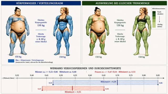 Ändere ausschließlich die Blau- und Grünfärbung der vier Personen. Alles andere im Bild exakt unverändert lassen.
Die farbige Darstellung soll sich stärker an der sichtbaren Muskulatur orientieren.
Linker Mann: Überall dort, wo deutlich Muskulatur sichtbar ist, soll auch ein entsprechender blauer Körperwasser-/Verteilungsanteil sichtbar werden. Insbesondere Schultern, Brustmuskulatur, Oberarme/Bizeps, Unterarme, Oberschenkel und Waden stärker blau einfärben. Der Mann besitzt trotz seines hohen Körperfettanteils selbstverständlich Muskelmasse und wasserreiches Gewebe.
Der große fettreiche Bauchbereich soll dagegen überwiegend hautfarben bleiben. Auch andere deutlich fettreiche Bereiche weniger stark blau darstellen.
Wichtig: Nicht wieder einzelne Gliedmaßen vollständig und gleichmäßig blau färben. Die blaue Intensität soll sich organisch an den sichtbaren Muskelkonturen orientieren: deutlich sichtbare Muskulatur = stärkerer blauer Anteil; stark fettreiche Bereiche = deutlich weniger Blau.
Linke Frau: Da sie extrem muskulös ist, soll nahezu die gesamte deutlich sichtbare Muskulatur einen starken blauen Anteil zeigen: Schultern, Arme, Brust-/Rumpfmuskulatur, Bauchmuskulatur, Rücken-/Seitenbereich, Gesäß, massive Oberschenkel und Waden. Insgesamt muss bei ihr deutlich mehr wasserreicher Anteil sichtbar sein als beim Mann.
Die Darstellung soll unmittelbar zeigen:
Muskelreiches Gewebe → hoher wasserreicher Anteil.
Fettreiches Gewebe → wesentlich geringerer wasserreicher Anteil.
Rechte Bildhälfte: Übertrage anschließend exakt dieselben anatomischen Flächen von Blau auf Grün. Die grünen Bereiche dürfen weder größer noch kleiner sein als die entsprechenden blauen Bereiche links.
Mann = dieselben markierten Muskel-/wasserreichen Bereiche in dunklerem Grün.
Frau = dieselben markierten Muskel-/wasserreichen Bereiche in hellerem Grün.
Keine Personen verändern. Keine Körperformen verändern. Keine Texte, Zahlen, Skalen, Legenden oder das untere Diagramm verändern. Ausschließlich die farbige anatomische Markierung korrigieren.