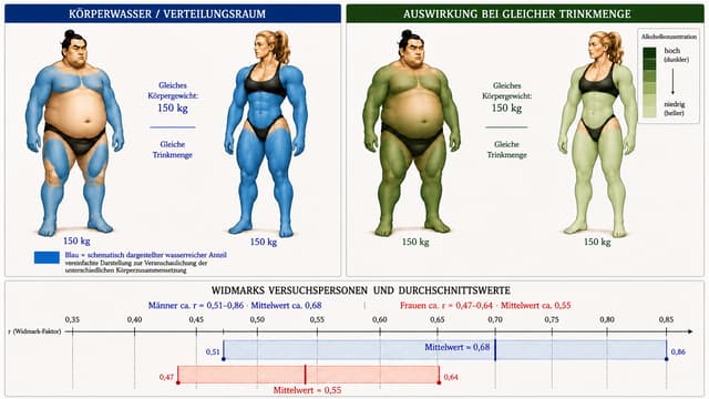 Bearbeite ausschließlich die nachfolgend ausdrücklich genannten Elemente der vorhandenen Infografik. Alles andere muss pixelnah bzw. so exakt wie möglich unverändert bleiben.

NICHT verändern: Körperformen, Personen, Gesichter, Posen, Kleidung, Positionen, Größen, 150-kg-Angaben, obere Aufteilung, Überschriften, Grün-Legende, untere Widmark-Skala, r-Bereiche, Mittelwerte, Zahlen, Linien, Farben des Diagramms und gesamtes Layout.

1. Linke Darstellung – Körperwasser

Behalte die grundsätzlich vorhandene blaue Darstellung der unterschiedlichen wasserreichen Körperanteile bei.

Die blaue Markierung soll weiterhin an der sichtbaren unterschiedlichen Körperzusammensetzung orientiert sein:

Beim 150-kg-Mann mit hohem Fettanteil: sichtbare Muskulatur an Schultern, Brust, Armen, Oberschenkeln und Waden weiterhin blau bzw. teilweise blau darstellen. Den großen fettreichen Bauchbereich überwiegend hautfarben lassen.
Bei der extrem muskulösen 150-kg-Frau: deutlich größere Bereiche der sichtbaren Muskulatur blau darstellen. Sie soll insgesamt klar einen wesentlich größeren schematisch dargestellten wasserreichen Anteil zeigen.

Die Darstellung darf aber nicht den Eindruck erwecken, dass nur die blau markierten Körperteile Körperwasser enthalten.

Deshalb die bisherige Beschriftung

„Blau = Körperwasser / Verteilungsraum“

ersetzen durch:

„Blau = schematisch dargestellter wasserreicher Anteil“

Darunter klein:

„vereinfachte Darstellung zur Veranschaulichung der unterschiedlichen Körperzusammensetzung“

2. Rechte Darstellung – Alkoholkonzentration

Die beiden Personen rechts müssen körperlich exakt dieselben Personen wie links bleiben.

Die grüne Darstellung soll den Zusammenhang unterschiedlicher Verteilungsraum → unterschiedliche Alkoholkonzentration visualisieren und darf nicht so wirken, als befände sich Alkohol ausschließlich in einzelnen grün markierten Muskeln.

Orientiere die grünen Bereiche weiterhin an den links schematisch dargestellten wasserreichen Anteilen, aber gestalte die Übergänge weich, flächig und schematisch, nicht wie isolierte grüne Muskelgruppen.

Beim Mann soll der kleinere dargestellte Verteilungsraum durch deutlich dunkleres Grün die höhere Alkoholkonzentration symbolisieren.

Bei der Frau soll der größere dargestellte Verteilungsraum durch deutlich helleres Grün die niedrigere Alkoholkonzentration symbolisieren.

Die vorhandene Grün-Legende oben rechts mit

„Alkoholkonzentration – hoch (dunkler) / niedrig (heller)“

unverändert beibehalten.

3. Trinkmenge vereinfachen

Entferne auf beiden oberen Bildhälften ausschließlich:

„z. B. 60 g reiner Alkohol“

Es soll dort nur noch stehen:

„Gleiche Trinkmenge“

Dadurch soll die Grafik ein allgemeines Gedankenexperiment darstellen und keine konkrete BAK-Berechnung suggerieren.

WICHTIG

Die untere Widmark-Grafik überhaupt nicht verändern. Alle dort vorhandenen Werte und Positionen exakt beibehalten.

Keine neuen Pfeile, Kästen, Erklärungen, Formeln, Zahlen oder Symbole hinzufügen.

Die zentrale Aussage soll innerhalb weniger Sekunden visuell erkennbar sein:

Gleiches Körpergewicht + gleiche Trinkmenge → unterschiedliche Körperzusammensetzung → unterschiedlicher Verteilungsraum → unterschiedliche Alkoholkonzentration.

Die Grafik ist eine schematische didaktische Veranschaulichung und keine anatomische Darstellung der tatsächlichen lokalen Alkoholverteilung im Körper.