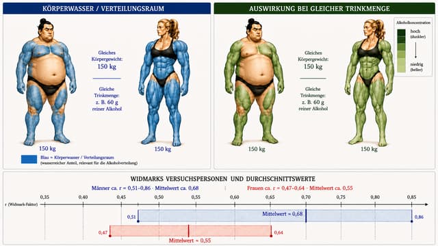 WICHTIG: Dies ist eine minimale Bildkorrektur. Das vorhandene Bild darf NICHT neu gestaltet, neu gezeichnet oder stilistisch verändert werden.

Verwende das vorherige Bild exakt als Grundlage.

Alle Personen müssen pixelnah identisch bleiben: gleiche Körperform, gleiche Muskelzeichnung, gleiche Gesichtszüge, gleiche Pose, gleiche Kleidung, gleiche Position und gleiche Größe.

Alle Texte, Zahlen, Überschriften, Skalen, Mittelwerte, Linien, Kästen und das komplette untere Widmark-Diagramm bleiben exakt unverändert.

Ändere AUSSCHLIESSLICH die Ausdehnung der bereits vorhandenen blauen und grünen Farbmarkierungen auf den Körpern.

Mann links – blaue Darstellung

Behalte unbedingt die vorhandene muskelbezogene, strukturierte blaue Darstellung des Ausgangsbildes bei. Keine großen glatten oder einheitlichen blauen Flächen erzeugen.

Ergänze lediglich etwas mehr Blau dort, wo beim Mann sichtbare Muskulatur vorhanden ist:

Schultermuskulatur
Brustmuskulatur
Oberarme/Bizeps
Unterarme
seitliche Rumpfmuskulatur, soweit sichtbar
Oberschenkelmuskulatur
Waden

Die sichtbaren Muskelkonturen müssen durch die blaue Farbe weiterhin erkennbar bleiben.

Der große, deutlich fettreiche Bauch bleibt überwiegend hautfarben. Keine geschlossene blaue Fläche über den Bauch legen.

Auch andere deutlich fettreiche Bereiche nicht vollständig blau überdecken.

Das Ergebnis soll zeigen: Der Mann besitzt selbstverständlich wasserreiche Muskelmasse, hat aufgrund seines hohen Fettanteils aber insgesamt einen deutlich kleineren schematisch dargestellten wasserreichen Anteil als die Frau.

Frau links – blaue Darstellung

Die vorhandene blaue Darstellung der extrem muskulösen Frau nicht neu gestalten.

Behalte ihre sichtbare Muskelstruktur vollständig bei.

Da sie extrem muskulös ist, soll der blaue Anteil insgesamt deutlich größer sein als beim Mann und sich an ihrer sichtbaren Muskulatur orientieren:

Schultern, Oberarme, Unterarme, Rumpf-/Bauchmuskulatur, Oberschenkel und Waden deutlich blau.

Keine einheitliche blaue Ganzkörperfläche. Muskelkonturen und anatomische Struktur müssen sichtbar bleiben.

Rechte Personen – Grün

Die rechten Personen dürfen ebenfalls nicht neu gezeichnet werden.

Übertrage die korrigierte Verteilung der linken Personen positionsgleich auf die rechten Personen.

Die Bereiche, die beim jeweiligen Menschen links blau markiert sind, sollen beim entsprechenden Menschen rechts an denselben Stellen grün markiert sein.

Mann: dunkleres Grün.
Frau: helleres Grün.

Auch hier die vorhandene Muskelstruktur und die unterschiedlichen Intensitäten erhalten. Keine glatten Ganzkörper-Farbflächen erzeugen.

Der Bauch des Mannes bleibt auch rechts überwiegend hautfarben und darf nicht vollständig grün eingefärbt werden.

NICHT ÄNDERN

Keine Texte verändern oder entfernen.

„Gleiche Trinkmenge: z. B. 60 g reiner Alkohol“ bleibt exakt erhalten.

Die vorhandene Grün-Legende bleibt exakt erhalten.

Die vorhandene blaue Legende bleibt exakt erhalten.

Das gesamte untere Widmark-Diagramm bleibt exakt unverändert.

Keine neuen Beschriftungen hinzufügen.

Keine bestehenden Beschriftungen umformulieren.

Keine Körper neu generieren.

Keine Farbflächen vereinheitlichen oder glätten.

Ziel dieser Bearbeitung ist ausschließlich: Beim Mann etwas mehr der tatsächlich sichtbaren Muskulatur in die bereits vorhandene blaue/grüne Markierung aufnehmen. Bei der Frau den deutlich größeren muskulösen bzw. schematisch wasserreichen Anteil erhalten. Alles andere bleibt unverändert.