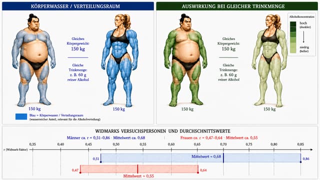 MINIMALE KORREKTUR DES VORHANDENEN BILDES. NICHT NEU GENERIEREN ODER NEU GESTALTEN.

Das aktuelle Bild ist grundsätzlich richtig aufgebaut. Behalte sämtliche Personen, Körperformen, Muskelzeichnungen, Gesichter, Posen, Kleidung, Positionen, Größen, Texte, Zahlen, Überschriften, Legenden und das komplette untere Widmark-Diagramm exakt unverändert.

Ändere ausschließlich die Farbintensität und die weichen Übergänge der bereits vorhandenen blauen und grünen Körpermarkierungen.

LINKS – BLAUE DARSTELLUNG

Die jetzige Verteilung grundsätzlich beibehalten.

Beim Mann weiterhin die sichtbare Muskulatur an Schultern, Brust, Armen, Oberschenkeln und Waden blau markieren. Der große fettreiche Bauch bleibt überwiegend hautfarben.

Die blauen Markierungen jedoch etwas transparenter und organischer in die sichtbaren Muskelkonturen einarbeiten. Keine harten Grenzen zwischen „blau“ und „hautfarben“. Die sichtbare Anatomie und Muskelstruktur muss unter der blauen Markierung erhalten bleiben.

Beim Mann soll erkennbar bleiben, dass er trotz hohen Fettanteils erhebliche wasserreiche Muskelmasse besitzt.

Bei der Frau die bereits sehr große blaue Muskelmarkierung beibehalten. Ihre extrem ausgeprägte Muskulatur soll insgesamt deutlich mehr blau markierten wasserreichen Anteil zeigen als beim Mann.

Auch bei ihr die blaue Farbe leicht transparent über die vorhandenen Muskelkonturen legen, sodass die anatomische Struktur vollständig sichtbar bleibt.

WICHTIG: Die blau markierten Flächen der Frau müssen insgesamt deutlich umfangreicher sein als die des Mannes.

RECHTS – GRÜNE DARSTELLUNG

Die Form und Position der grünen Bereiche müssen sich exakt an den entsprechenden blauen Bereichen derselben Person links orientieren.

Der entscheidende Unterschied soll ausschließlich durch die Grünintensität deutlich werden:

Mann = deutlich dunkleres Grün → höhere Alkoholkonzentration

Frau = deutlich helleres Grün → niedrigere Alkoholkonzentration

Der Unterschied zwischen beiden muss auf den ersten Blick deutlich erkennbar sein und exakt zur vorhandenen Legende „hoch (dunkler) / niedrig (heller)“ passen.

Die Frau darf deshalb nicht ähnlich dunkelgrün wie der Mann erscheinen.

Beim Mann dunkles, aber transparentes Grün verwenden, sodass seine Muskelstruktur sichtbar bleibt.

Bei der Frau deutlich helleres, transparentes Grün verwenden, ebenfalls mit vollständig sichtbarer Muskelstruktur.

Keine zusätzlichen grünen Körperbereiche erzeugen. Keine vorhandenen Körperformen verändern.

ABSOLUT NICHT VERÄNDERN:

alle Texte
„150 kg“
„60 g reiner Alkohol“
beide Überschriften
blaue Legende
grüne Legende
Personen und Körperproportionen
unteres Widmark-Diagramm
r-Werte und Mittelwerte
Position und Größe sämtlicher Elemente

Nur Farbintensität, Transparenz und weiche Übergänge der bereits vorhandenen Blau-/Grünmarkierungen bearbeiten.

Das Ergebnis soll visuell sofort zeigen:

gleiche 150 kg + gleiche Trinkmenge, aber unterschiedliche Körperzusammensetzung und unterschiedlich großer wasserreicher Anteil → unterschiedliche Alkoholkonzentration.