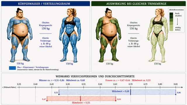 MINIMALE FARBKORREKTUR. KEINE NEUGESTALTUNG.

Verwende das vorhandene Bild exakt als Grundlage.

Ändere ausschließlich die Grünintensität der beiden Personen im oberen rechten Bereich.

Alles andere muss exakt unverändert bleiben.

Insbesondere NICHT verändern:

die beiden blauen Personen links
Form und Ausdehnung aller blauen Flächen
Form und Ausdehnung aller grünen Flächen
Körperformen und Muskelzeichnungen
Gesichter, Haare, Kleidung und Posen
Körpergewicht 150 kg
Trinkmenge 60 g
sämtliche Texte und Überschriften
beide Legenden
das komplette untere Widmark-Diagramm
sämtliche r-Werte, Mittelwerte, Linien und Positionen

Nur folgende Änderung durchführen:

Die grüne Person des Mannes rechts soll innerhalb der bereits vorhandenen grünen Flächen deutlich dunkler grün dargestellt werden.

Die grüne Person der Frau rechts soll innerhalb der bereits vorhandenen grünen Flächen deutlich heller grün dargestellt werden.

Der Farbunterschied muss auf den ersten Blick eindeutig erkennbar sein und unmittelbar zur vorhandenen Legende passen:

Mann → dunkler → höhere Alkoholkonzentration

Frau → heller → niedrigere Alkoholkonzentration

Dabei die vorhandenen Muskelkonturen, Schattierungen und anatomischen Details vollständig sichtbar lassen. Die Farbe soll transparent über der bestehenden Illustration liegen.

Ganz wichtig: Keine grünen Flächen hinzufügen, entfernen, vergrößern oder verkleinern. Ausschließlich die Helligkeit bzw. Intensität der bereits vorhandenen grünen Farbe ändern.

Beim Mann ein Grün aus dem dunklen Bereich der bereits vorhandenen Grün-Legende verwenden.

Bei der Frau ein Grün aus dem hellen Bereich derselben vorhandenen Grün-Legende verwenden.

Die beiden Personen sollen dadurch wie eine direkte Anwendung der vorhandenen Farbskala aussehen.

Keine weiteren Änderungen vornehmen.