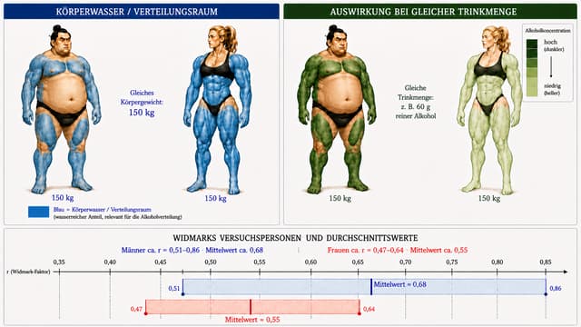 MINIMALE KORREKTUR DES VORHANDENEN BILDES. NICHT NEU GESTALTEN ODER NEU GENERIEREN.

Das aktuelle Bild ist die verbindliche Vorlage. Alle Personen, Körperformen, Muskelzeichnungen, Posen, Kleidung, Positionen, Farben, Skalen und das Layout müssen unverändert bleiben.

1. Vergleichsbedingungen neu anordnen

Im oberen LINKEN Bereich soll zwischen den Personen ausschließlich stehen:

„Gleiches Körpergewicht: 150 kg“

Den Text zur gleichen Trinkmenge auf der linken Seite vollständig entfernen.

Im oberen RECHTEN Bereich soll zwischen den Personen ausschließlich stehen:

„Gleiche Trinkmenge: z. B. 60 g reiner Alkohol“

Den Text „Gleiches Körpergewicht: 150 kg“ auf der rechten Seite vollständig entfernen.

Dadurch entsteht bewusst folgende Leserichtung:

LINKS: gleiches Körpergewicht → unterschiedliche Körperzusammensetzung / unterschiedliche wasserreiche Anteile

RECHTS: gleiche Trinkmenge → unterschiedliche Alkoholkonzentration

2. Brust des Mannes rechts korrigieren

Die Körperform des Mannes NICHT verändern.

Vergleiche den Mann links und den Mann rechts exakt miteinander.

Beim linken Mann ist die sichtbare Brustmuskulatur blau markiert. Übertrage genau diese bereits blau markierte Brustfläche positions- und formgleich auf die Brust des rechten Mannes und färbe sie dort in demselben dunklen Grün, das bereits an seinen anderen grün markierten Muskelbereichen verwendet wird.

Die gesamte links blau markierte Brustmuskulatur muss rechts dunkelgrün wiederzufinden sein.

Nicht den Bauch grün färben. Der große fettreiche Bauchbereich bleibt überwiegend hautfarben.

Keine neue Muskulatur zeichnen und keine vorhandenen Körperkonturen verändern. Ausschließlich die fehlende Grünfärbung der bereits vorhandenen Brustmuskulatur ergänzen.

Grundregel:

Jede beim Mann links blau markierte Muskel-/Körperfläche muss beim selben Mann rechts an exakt derselben anatomischen Position dunkelgrün markiert sein.

Dasselbe Prinzip gilt für die Frau:

Jede links blau markierte Fläche entspricht rechts derselben Fläche in hellem Grün.

Die vorhandenen Grünintensitäten ansonsten nicht verändern:

Mann = dunkelgrün / höhere Konzentration
Frau = hellgrün / niedrigere Konzentration

3. Unteres Diagramm

Blaue Mittelwert-Markierung exakt bei r = 0,68 positionieren.

Rote Mittelwert-Markierung exakt bei r = 0,55 positionieren.

Spannweiten 0,51–0,86 und 0,47–0,64 unverändert lassen.

ABSOLUT NICHT VERÄNDERN: Personen, Körperproportionen, Gesichter, Kleidung, Muskelzeichnung, blaue Körperflächen links, bereits korrekte grüne Flächen rechts, Überschriften, Legenden, Widmark-Spannweiten, Hintergrund und gesamtes Layout.

Keine neuen Texte, Pfeile, Kästen oder Erklärungen hinzufügen.