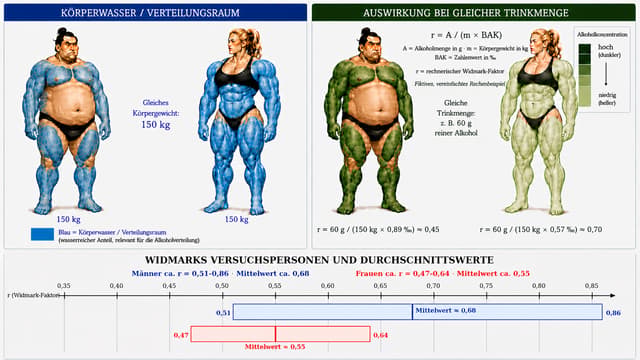 Bearbeite das hochgeladene Bild als präzise lokale Bildbearbeitung. Das vorhandene Bild ist die verbindliche Vorlage.

WICHTIG: NICHT neu gestalten, NICHT neu generieren und NICHT vorhandene Elemente verändern.

Füge ausschließlich im oberen rechten grünen Hauptfeld, in den freien weißen Bereich oben mittig zwischen den beiden Figuren, folgenden zusätzlichen Formel- und Erklärungstext ein:

r = A / (m × BAK)

A = Alkoholmenge in g 
m = Körpergewicht in kg
BAK = Zahlenwert in ‰

r = rechnerischer Widmark-Faktor

Fiktives, vereinfachtes Rechenbeispiel

Zusätzlich ersetze die beiden vorhandenen „150 kg“-Beschriftungen unter den Figuren im rechten grünen Hauptfeld durch exakt diese beiden Rechenzeilen:

Unter der linken männlichen Figur:

r = 60 g / (150 kg × 0,89 ‰) ≈ 0,45

Unter der rechten weiblichen Figur:

r = 60 g / (150 kg × 0,57 ‰) ≈ 0,70

Die vorhandene Beschriftung in der Mitte des rechten Feldes
„Gleiche Trinkmenge: z. B. 60 g reiner Alkohol“
bleibt vollständig erhalten.

ABSOLUTE ÄNDERUNGSSPERRE FÜR ALLES ANDERE:
Linkes blaues Feld nicht verändern. Figuren nicht verändern. Gesichter nicht verändern. Körperformen nicht verändern. Farben und Wasser-/Alkoholdarstellung nicht verändern. Überschriften nicht verändern. Bearbeite ausschließlich das bereits vorhandene hochgeladene Bild. Verwende es als unveränderliche Ausgangsgrafik. Keine Neugestaltung und keine Neuinterpretation des Bildes.

Es sind nur drei lokale Textänderungen im oberen rechten Hauptfeld erlaubt.

1. Formelblock einfügen:
Im freien weißen Bereich oben mittig zwischen den beiden Figuren im rechten grünen Hauptfeld folgenden Text einfügen:

r = A / (m × BAK)

A = Alkoholmenge in g · m = Körpergewicht in kg
BAK = Zahlenwert in ‰

r = rechnerischer Widmark-Faktor

Fiktives, vereinfachtes Rechenbeispiel

2. Unter der linken Figur im RECHTEN grünen Feld:
Nur die dort vorhandene Beschriftung „150 kg“ entfernen.
Exakt an dieser Stelle stattdessen schreiben:

r = 60 g / (150 kg × 0,89 ‰) ≈ 0,45

3. Unter der rechten Figur im RECHTEN grünen Feld:
Nur die dort vorhandene Beschriftung „150 kg“ entfernen.
Exakt an dieser Stelle stattdessen schreiben:

r = 60 g / (150 kg × 0,57 ‰) ≈ 0,70

Das Zeichen hinter 0,89 und 0,57 muss zwingend das echte Promillezeichen ‰ sein.

ALLES ANDERE MUSS UNVERÄNDERT BLEIBEN.

Insbesondere nicht verändern: beide Figuren und ihre Gesichter, Körperformen, Kleidung, blaue und grüne Körpermarkierungen, sämtliche Farben, Überschriften, Rahmen, Legende „Alkoholkoncentration“, den Text „Gleiche Trinkmenge: z. B. 60 g reiner Alkohol“, das komplette linke blaue Feld einschließlich beider 150-kg-Angaben sowie den gesamten unteren Bereich „WIDMARKS VERSUCHSPERSONEN UND DURCHSCHNITTSWERTE“.

Die untere Skala darf unter keinen Umständen verändert, verschoben oder neu erzeugt werden. Alle Skalenwerte, Balkenanfänge und -enden, Mittelwertmarkierungen und Beschriftungen bleiben exakt an ihren jetzigen Positionen.

Keine weiteren Änderungen.