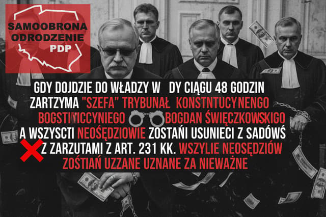zrób plakat 16:9 z napisami: SAMOOBRONA ODORDZENIE PDP GDY DOJDZIE DO WŁADZY W CIAGU 48 GODZIN ZATRZYMA "SZEFA" TRYBUNAŁU KONSTYTUCYJNEGO BOGDANA  ŚWIĘCZKOWSKIEGO A WSZYSCY NEOSĘDZIOWIE ZOSTANĄ USUNIĘCI Z SĄDÓW Z ZARZUTAMI Z ART. 231 KK. WSZYSTKIE WYROKI NEOSĘDZIÓW ZOSTANĄ UZNANE ZA NIEWAŻNE. W TLE POKAŻ SKORUMPOWANYCH NEOSĘDZIÓW I LOGO PARTII SAMOOBRONA ODRODZENIE PDP