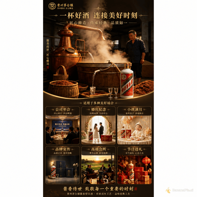 制作一张以酿酒为主要画面，以公司年会、婚庆纪念、小孩满月、品牌宣传、高端会所 (高尔夫球等)、节日送礼各种不同场合下，画面配相应文字的海报 高164.5 宽62的尺寸