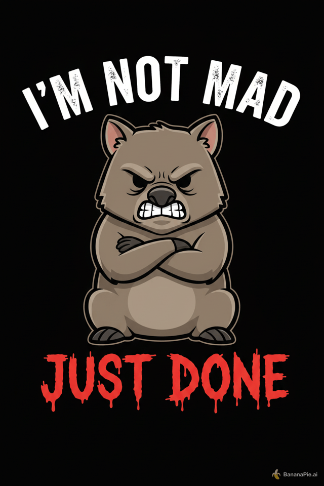An angry, grumpy cartoon wombat sitting with its arms crossed, glaring forward with a furious expression, thick dark outlines, vector art sticker style, solid black background. Above the wombat, the text "I'M NOT MAD" written in bold, arched, white block letters with a subtle grunge texture. Below the wombat, the text "JUST DONE" written in a messy, aggressive red brush font. High contrast, t-shirt design graphic.
