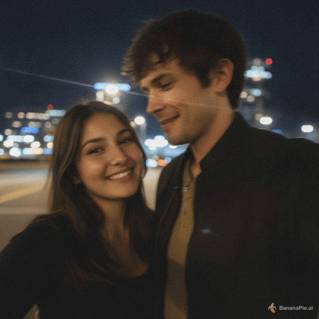 Use the uploaded photos as the exact faces and identities of both people. Do not change facial structure, eyes, nose, lips, skin tone, hairstyle, beard, or clothing. Keep the woman’s exact black top and outfit. Keep the man’s exact black suit, tan shirt, hairstyle. The only modification is a realistic accidental nighttime iPhone selfie. Have the woman look at the camera as the man smiles at the women but the woman could be smiling while she’s looking at the camera. Strong natural motion blur from camera movement, not face distortion. Flash photography, lens smudge, grain, blue city bokeh lights, off-center framing, authentic camera-roll aesthetic. Faces remain recognizable and unchanged. Heavy camera shake and movement blur while preserving identity. Vertical 9:16.