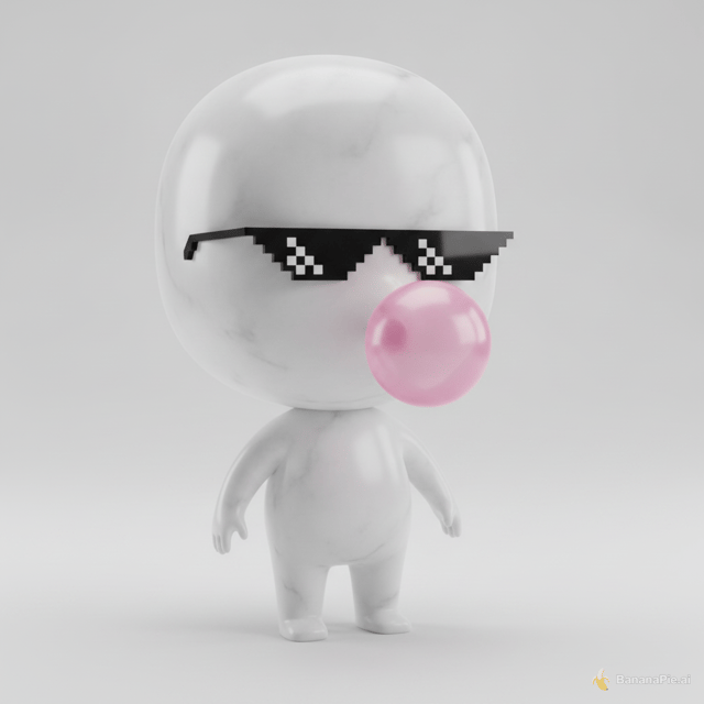 Full-body cute 3D chibi mascot character based on this marble bust statue,
keep the classical white marble texture and curly hair, keep the black pixelated
"deal with it" sunglasses and pink bubblegum bubble, but redesign as a small
adorable character with a big round head, tiny short arms and legs, chubby
rounded body, standing pose, Pixar/claymation style, soft studio lighting,
smooth marble-like skin texture, simple clean background, full body visible
head to toe, vinyl toy / collectible figure aesthetic