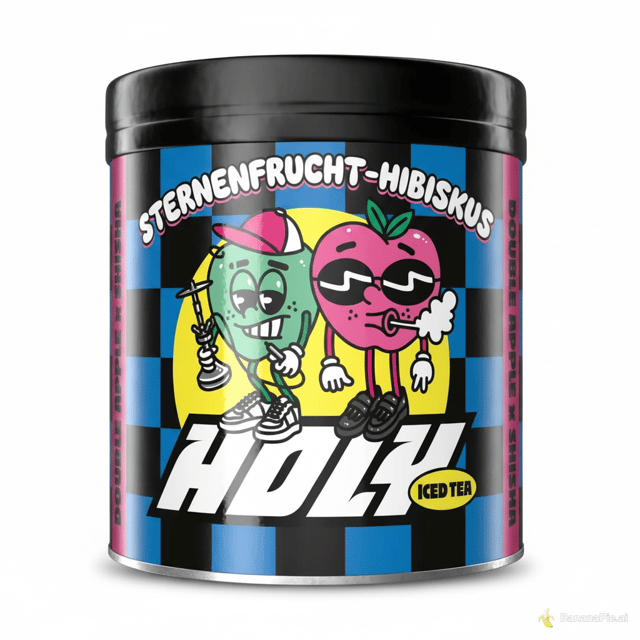 Editiere mir bitte das 1. Und 3. Bild.nutze dabei das 2. Bild als Referenz. Die beiden Bilder sollen sollen das gleiche Format und die gleiche Grund Struktur als wie ein Etikett sein. Auf dem 1. Bild soll außerdem noch der Text Sternenfrucht-Hibiskus stehen in der gleichen Schriftart wie im 2. Bild. Bei dem 3. Bild genau so, oben soll noch ein Schriftzug mit Doppelapfel-Shisha auch in der gleichen Schriftart. 
Also ums zusammenzufassen, soll beim 1. Und 3. Bild das "Format" also das grunddisign von einer Dose zum Etikett werden und der Schriftzug hinzugefügt werden. Und als Referenz das 2. Bild nehemen. Aušerdem sollen alle 3 individuelle Bilder sein
