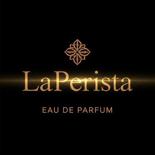 Minimalist luxury commercial brand intro. The golden logo "LaPerista" and text "EAU DE PARFUM" are centered on a deep black background. Extremely subtle, slow-motion camera zoom-in. Elegant golden light sweep and soft metallic reflection smoothly pass across the letters from left to right, high-end cinema style, 4k.