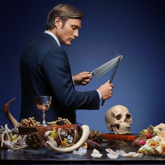 The edited image is based on the uploaded image, the edited image contains no text. The edited image contains the man in the suit with his back turned visibly sharpening a cooking knife. All other elements of the original image remain the same.