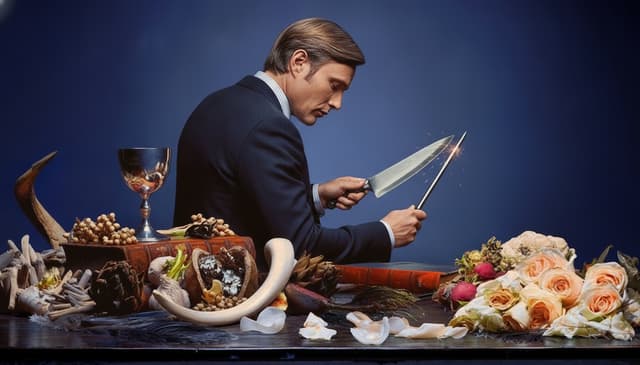 The edited image is based on the uploaded image, the edited image contains no text. The edited image contains the man in the suit with his back turned visibly sharpening a cooking knife. All other elements of the original image remain the same.
